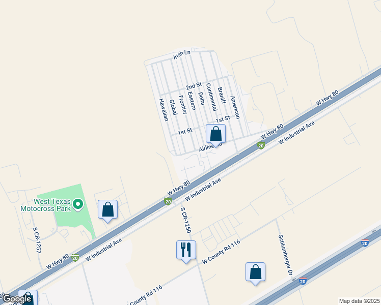 map of restaurants, bars, coffee shops, grocery stores, and more near 502-520 Frontier in Midland