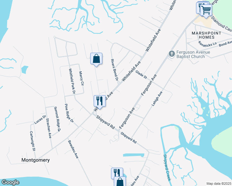 map of restaurants, bars, coffee shops, grocery stores, and more near 9830 Whitefield Avenue in Savannah