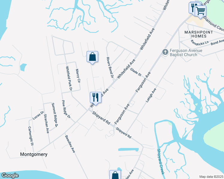 map of restaurants, bars, coffee shops, grocery stores, and more near 9830 Whitefield Avenue in Savannah