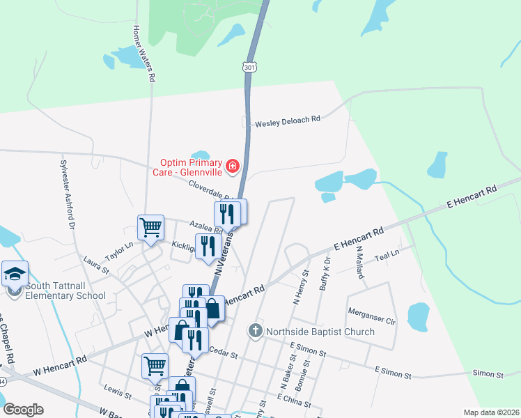 map of restaurants, bars, coffee shops, grocery stores, and more near 17 Waters Street in Glennville