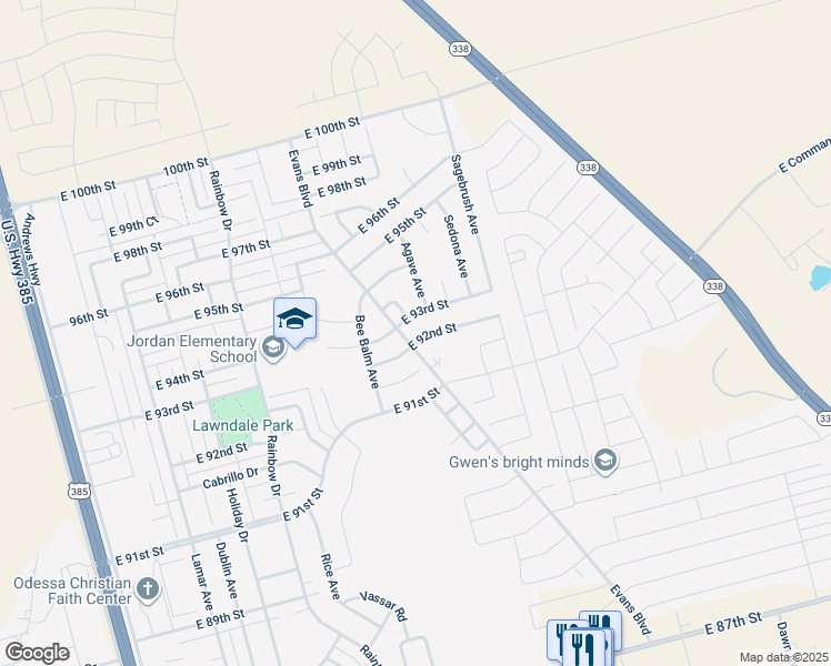 map of restaurants, bars, coffee shops, grocery stores, and more near 903 East 92nd Street in Odessa