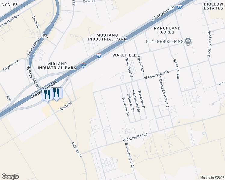 map of restaurants, bars, coffee shops, grocery stores, and more near 5113 West County Road 116 in Midland