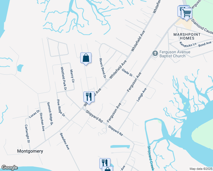 map of restaurants, bars, coffee shops, grocery stores, and more near 9830 Whitefield Avenue in Savannah