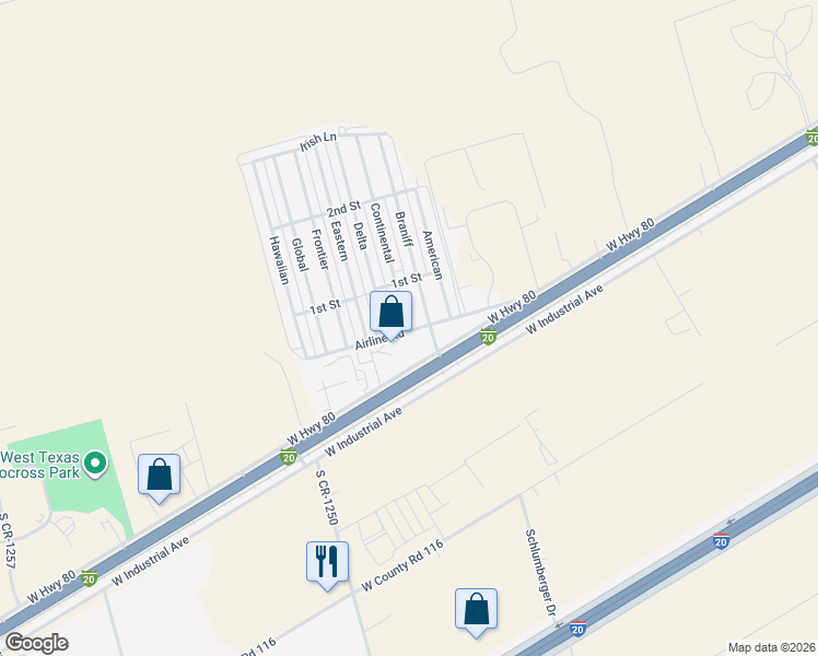map of restaurants, bars, coffee shops, grocery stores, and more near 202 Continental in Midland