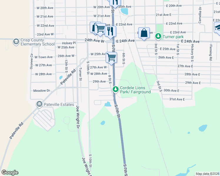 map of restaurants, bars, coffee shops, grocery stores, and more near 2101 South 7th Street in Cordele