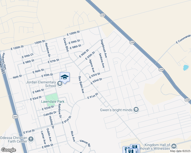 map of restaurants, bars, coffee shops, grocery stores, and more near 903 East 92nd Street in Odessa