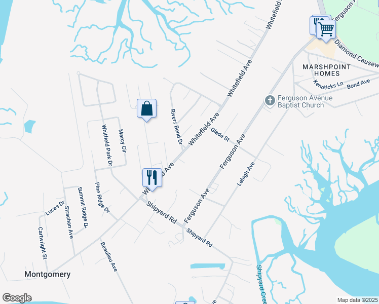 map of restaurants, bars, coffee shops, grocery stores, and more near 9800 Whitefield Avenue in Savannah