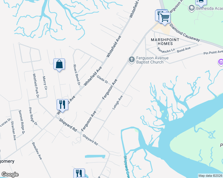 map of restaurants, bars, coffee shops, grocery stores, and more near 10104 Ferguson Avenue in Savannah