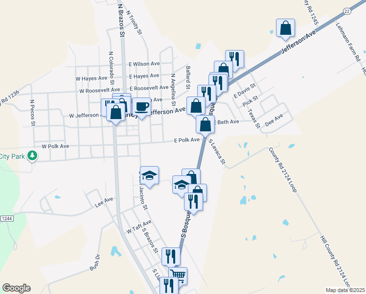 map of restaurants, bars, coffee shops, grocery stores, and more near 502 East Polk Avenue in Whitney