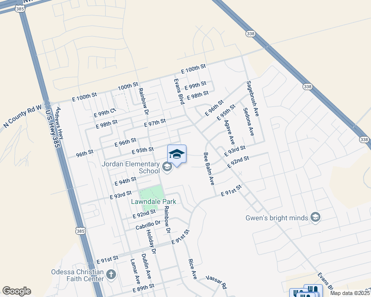 map of restaurants, bars, coffee shops, grocery stores, and more near 9400 Rainbow Drive in Odessa