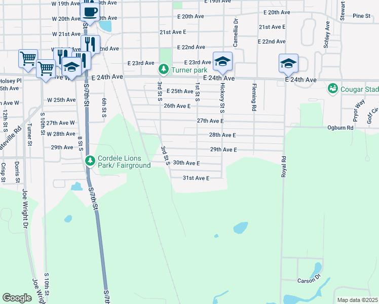 map of restaurants, bars, coffee shops, grocery stores, and more near 625 29th Avenue East in Cordele