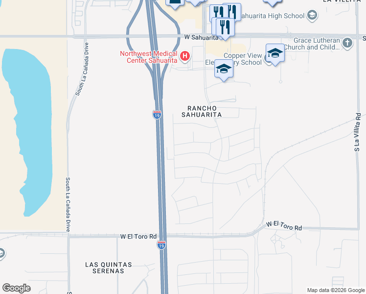 map of restaurants, bars, coffee shops, grocery stores, and more near Interstate 19 in Sahuarita