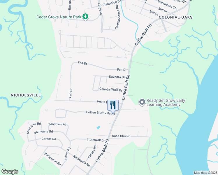 map of restaurants, bars, coffee shops, grocery stores, and more near 10 Country Walk Court in Savannah