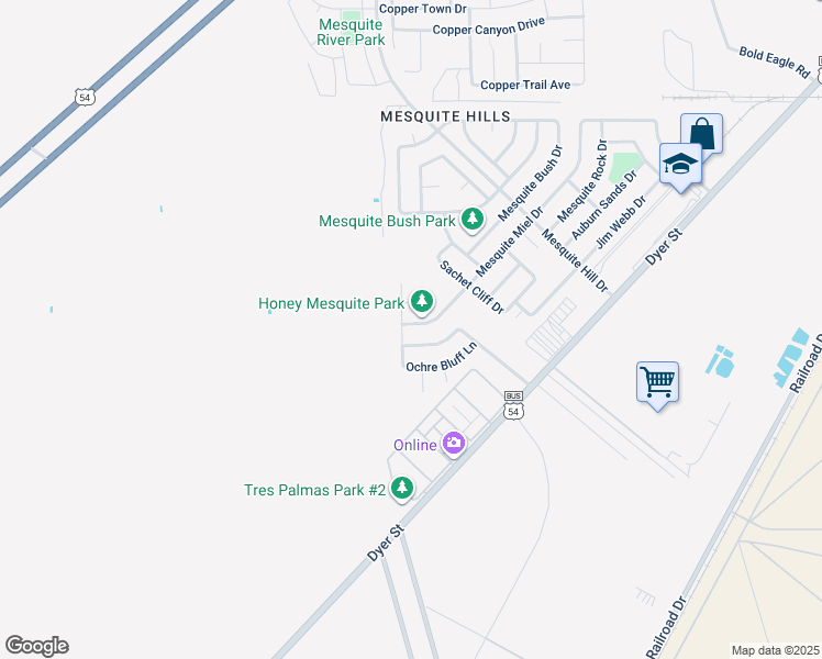 map of restaurants, bars, coffee shops, grocery stores, and more near 11604 Mesquite Miel Drive in El Paso