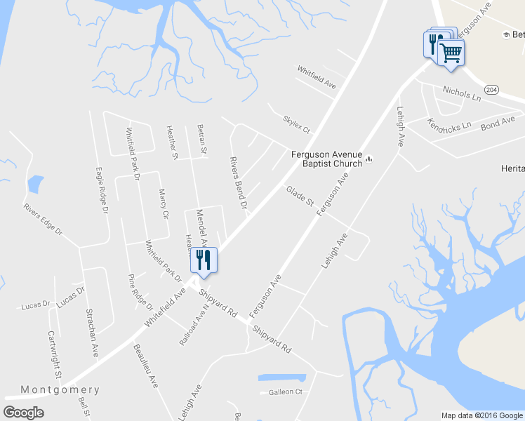 map of restaurants, bars, coffee shops, grocery stores, and more near 9800 Whitefield Avenue in Savannah