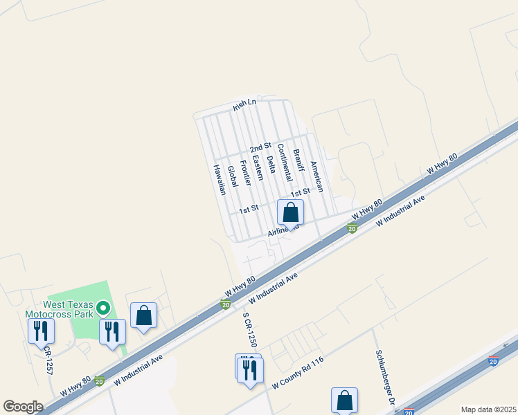 map of restaurants, bars, coffee shops, grocery stores, and more near 520 Frontier in Midland