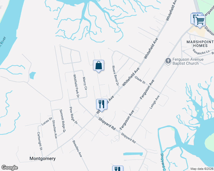 map of restaurants, bars, coffee shops, grocery stores, and more near 119 Vernon Street in Savannah
