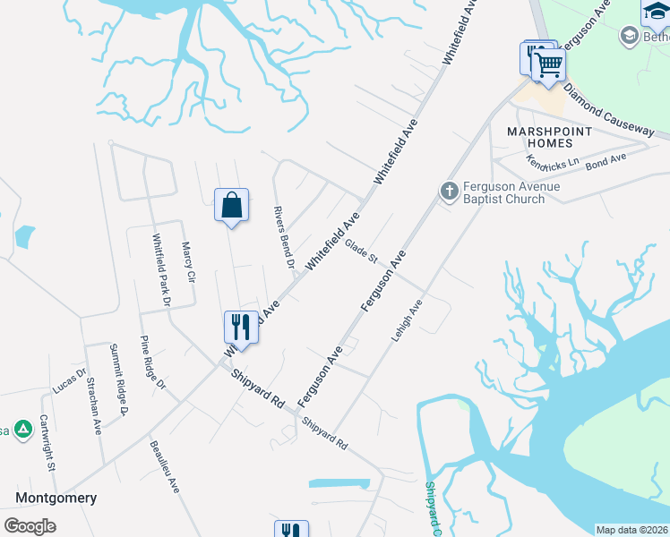 map of restaurants, bars, coffee shops, grocery stores, and more near 9796 Whitefield Avenue in Savannah