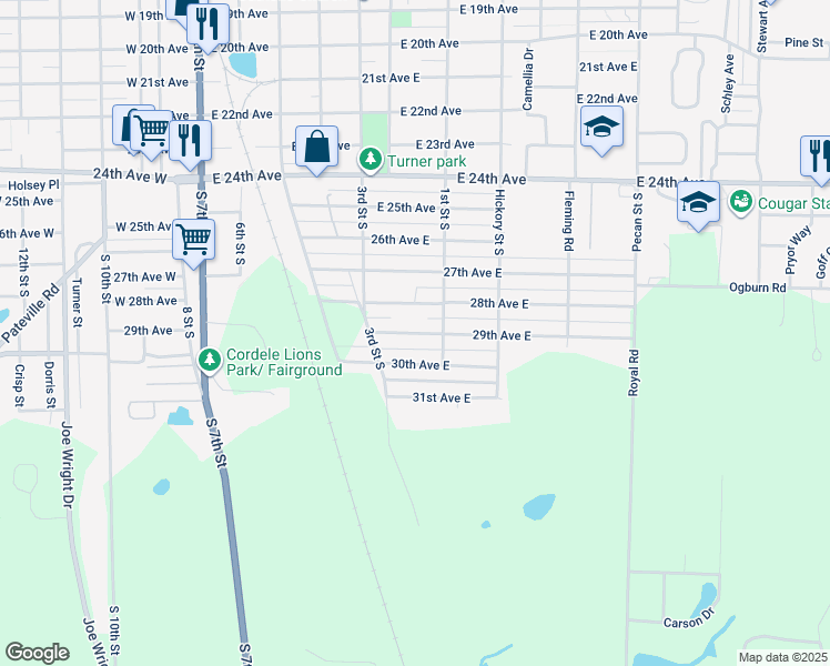map of restaurants, bars, coffee shops, grocery stores, and more near 625 29th Avenue East in Cordele