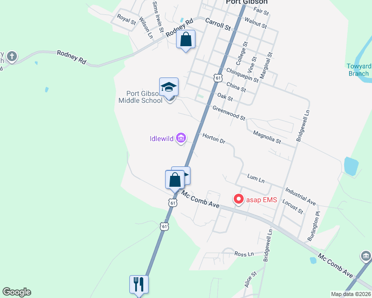 map of restaurants, bars, coffee shops, grocery stores, and more near 103 Idlewild Drive in Port Gibson
