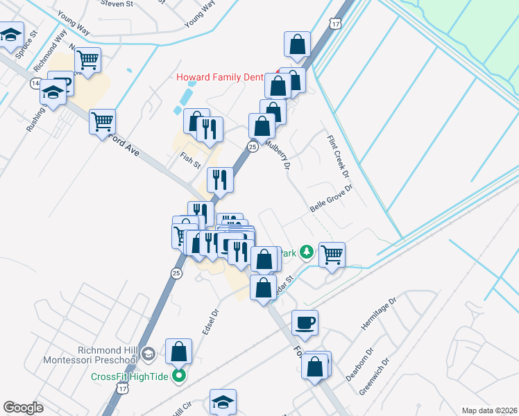 map of restaurants, bars, coffee shops, grocery stores, and more near 102 Belle Grove Circle in Richmond Hill
