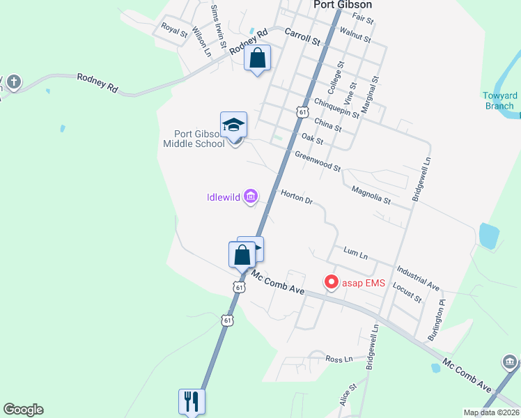 map of restaurants, bars, coffee shops, grocery stores, and more near 103 Idlewood Dr in Port Gibson