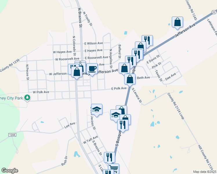 map of restaurants, bars, coffee shops, grocery stores, and more near 502 East Polk Avenue in Whitney