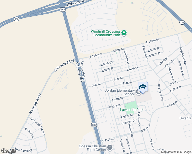 map of restaurants, bars, coffee shops, grocery stores, and more near 9606 Hawthorne Avenue in Odessa