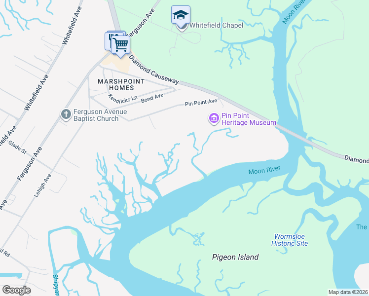 map of restaurants, bars, coffee shops, grocery stores, and more near 9984B Pin Point Avenue in Savannah