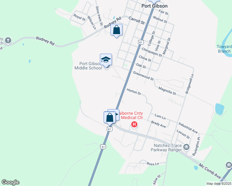 map of restaurants, bars, coffee shops, grocery stores, and more near 310 Idlewild Drive in Port Gibson
