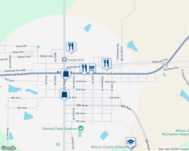map of restaurants, bars, coffee shops, grocery stores, and more near 971 2nd Avenue Northeast in Rochelle
