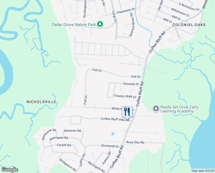 map of restaurants, bars, coffee shops, grocery stores, and more near 138 Country Walk Circle in Savannah