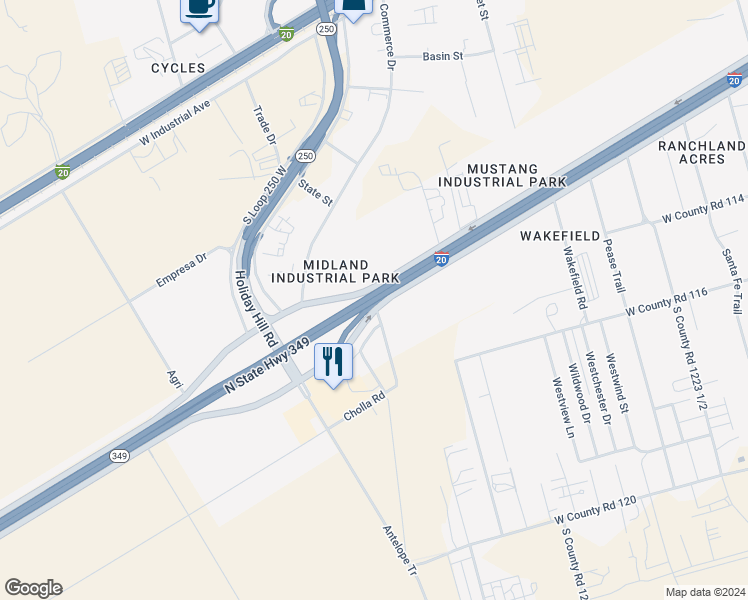 map of restaurants, bars, coffee shops, grocery stores, and more near Highway 349 in Midland
