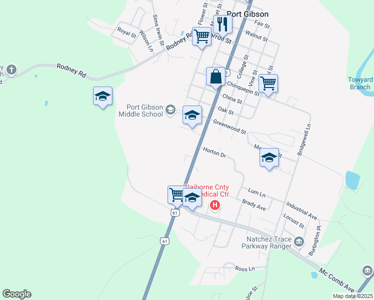 map of restaurants, bars, coffee shops, grocery stores, and more near 310 Idlewild Drive in Port Gibson