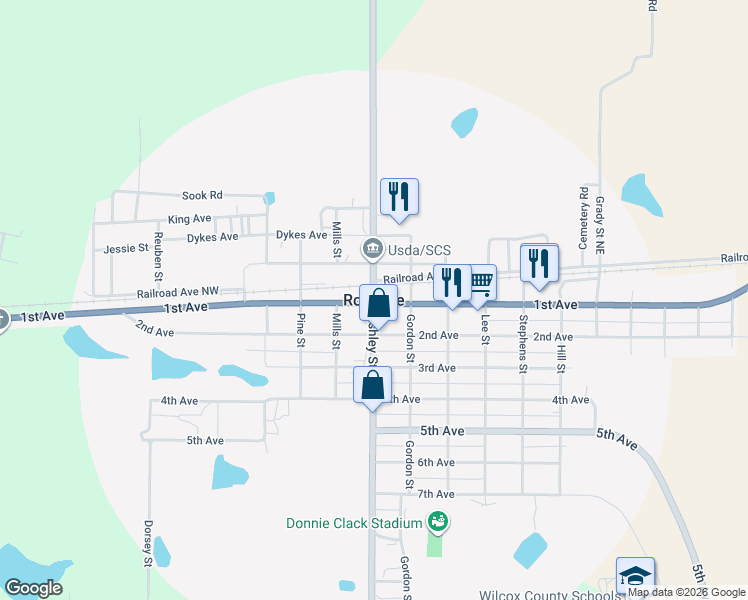 map of restaurants, bars, coffee shops, grocery stores, and more near in Rochelle