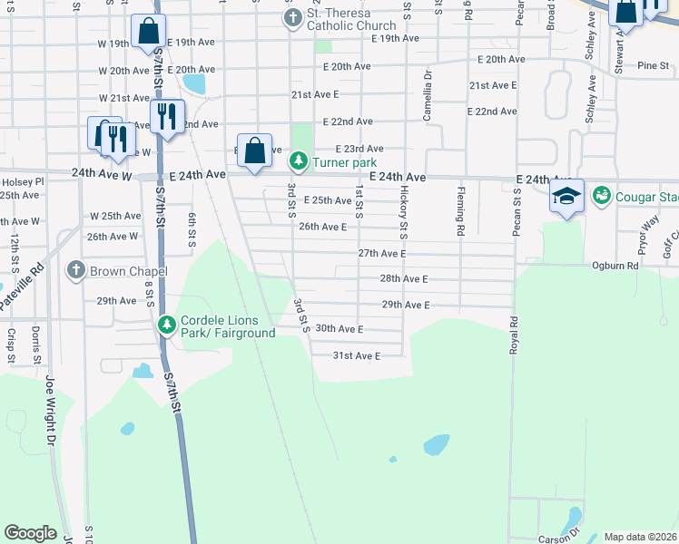 map of restaurants, bars, coffee shops, grocery stores, and more near 624 27th Avenue East in Cordele