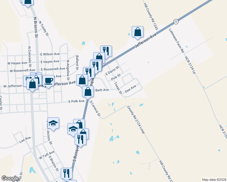 map of restaurants, bars, coffee shops, grocery stores, and more near 803 East Beth Avenue in Whitney