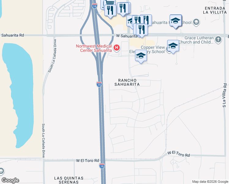 map of restaurants, bars, coffee shops, grocery stores, and more near Interstate 19 in Sahuarita