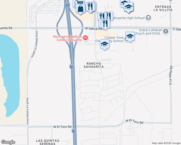 map of restaurants, bars, coffee shops, grocery stores, and more near Interstate 19 in Sahuarita
