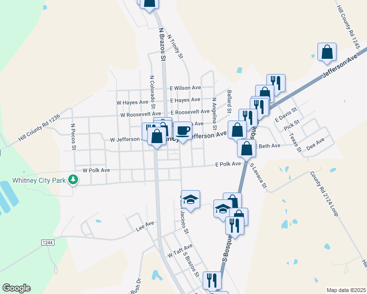 map of restaurants, bars, coffee shops, grocery stores, and more near 202 East Jefferson Avenue in Whitney