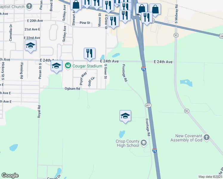 map of restaurants, bars, coffee shops, grocery stores, and more near 2402 Frontage Road in Cordele