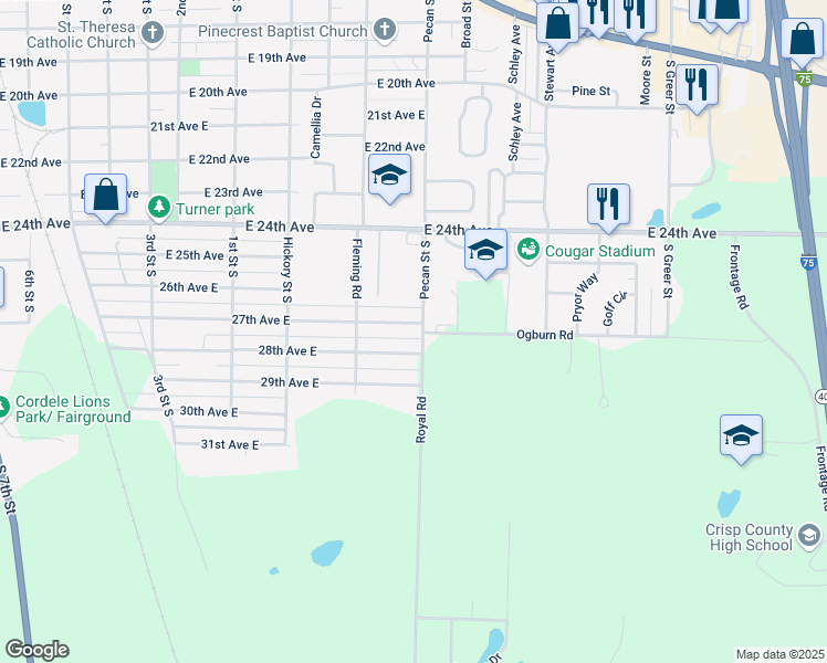 map of restaurants, bars, coffee shops, grocery stores, and more near 1026 27th Avenue East in Cordele