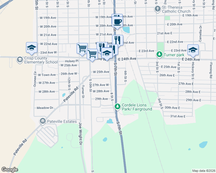 map of restaurants, bars, coffee shops, grocery stores, and more near 211 27th Avenue East in Cordele
