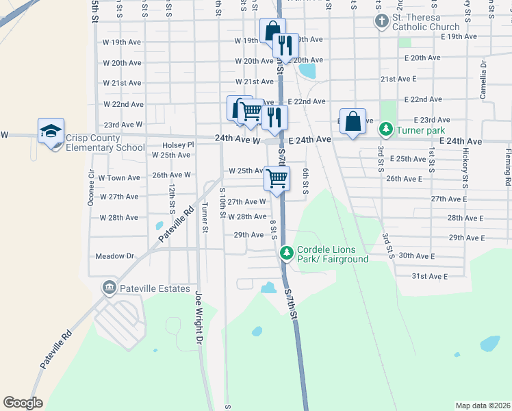 map of restaurants, bars, coffee shops, grocery stores, and more near 211 27th Avenue East in Cordele