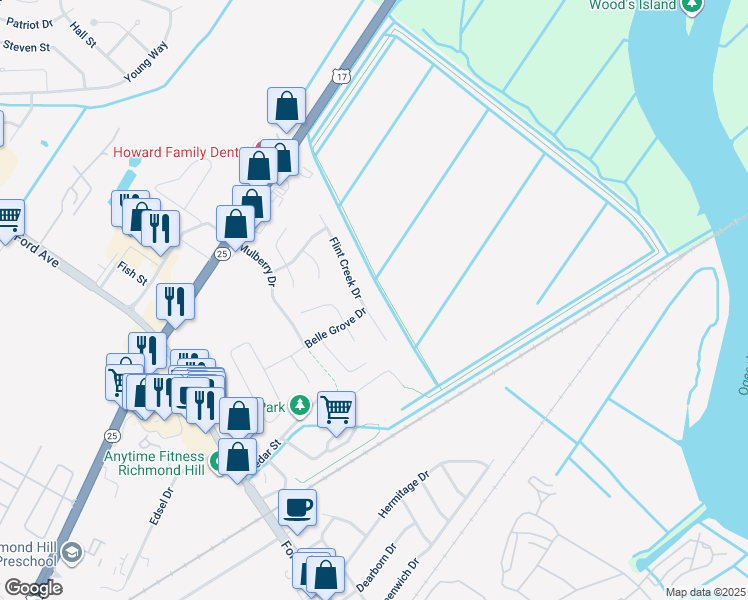 map of restaurants, bars, coffee shops, grocery stores, and more near 261 Flint Creek Dr in Richmond Hill