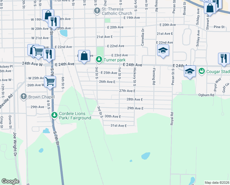 map of restaurants, bars, coffee shops, grocery stores, and more near 624 27th Avenue East in Cordele