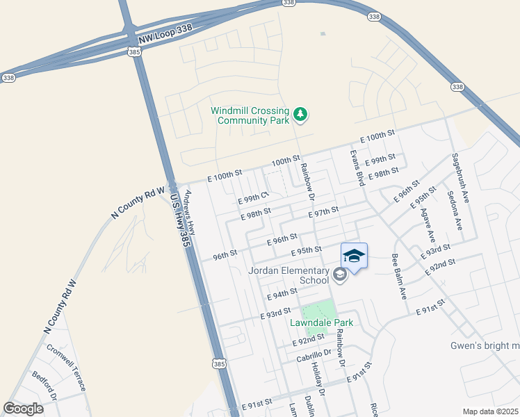 map of restaurants, bars, coffee shops, grocery stores, and more near 401 East 98th Street in Odessa