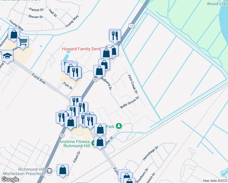 map of restaurants, bars, coffee shops, grocery stores, and more near 224 Mulberry Drive in Richmond Hill