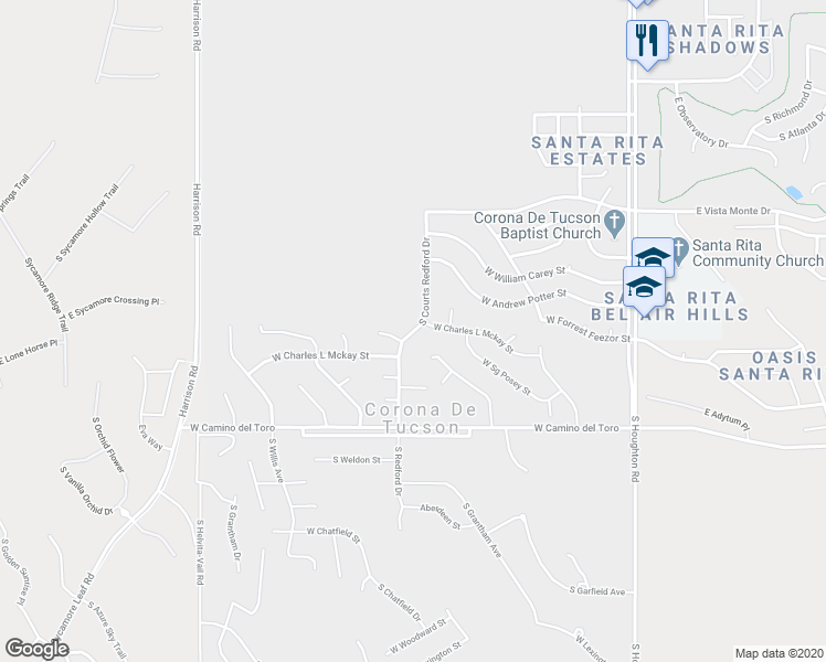 map of restaurants, bars, coffee shops, grocery stores, and more near 460 South Courts Redford Drive in Corona de Tucson