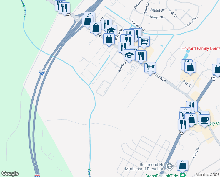 map of restaurants, bars, coffee shops, grocery stores, and more near 625 Rushing Street in Richmond Hill